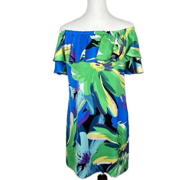 London Times On Off Shoulder Ruffle Multi Floral Tropical Mini Dress Sz 6 Resort - Picture 3 of 15